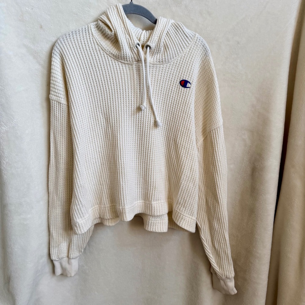 Champion Waffle Knit Cowl Neck Cropped Hoodie Cream Drawstring Womens Large